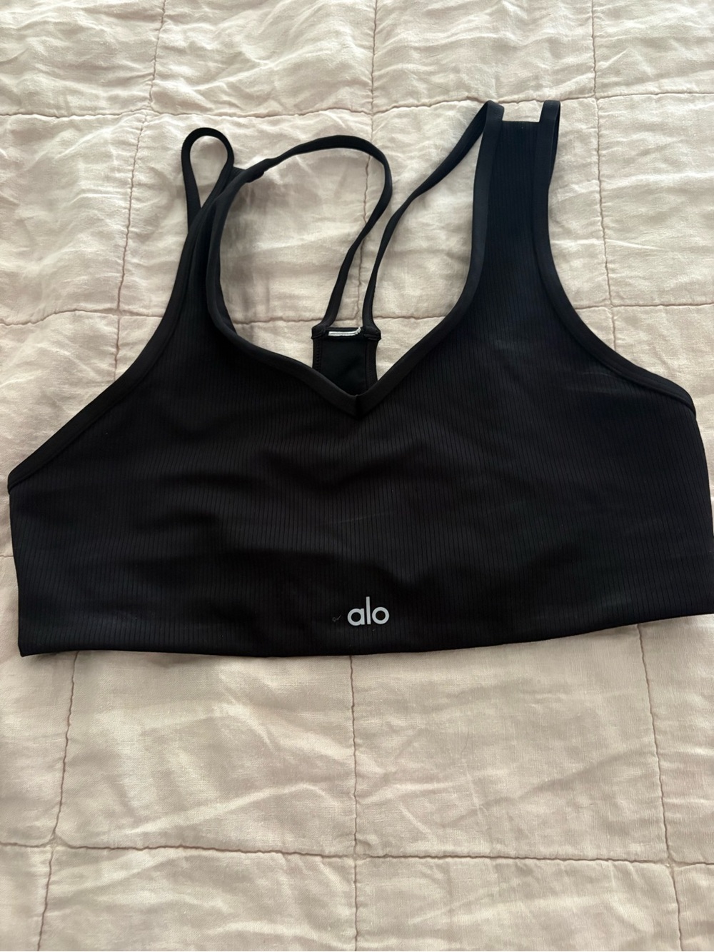 ALO Yoga Black Ribbed V-Neck Racerback Sports Bra